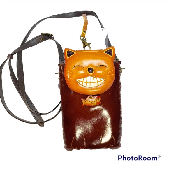 NOVELTY GRINNING KITTY W/ FISH CROSS-BODY CELLPHONE HOLDER WALLET 8x4.5” - Picture 5 of 16